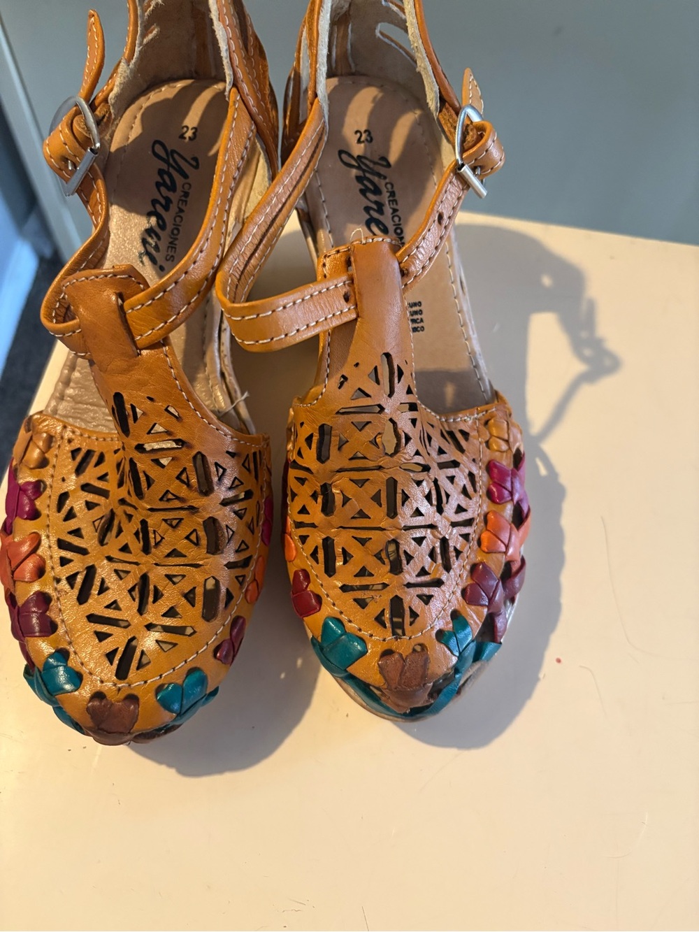 Handcrafted Tan Leather Women’s Sandals with Multicolor Accents
